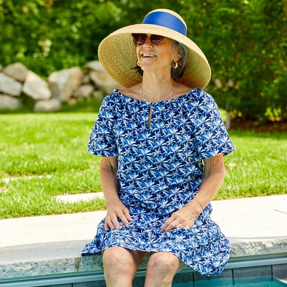 Sara Campbell Palm Print Off Shoulder Dress Size M Blue White 100% Cotton
